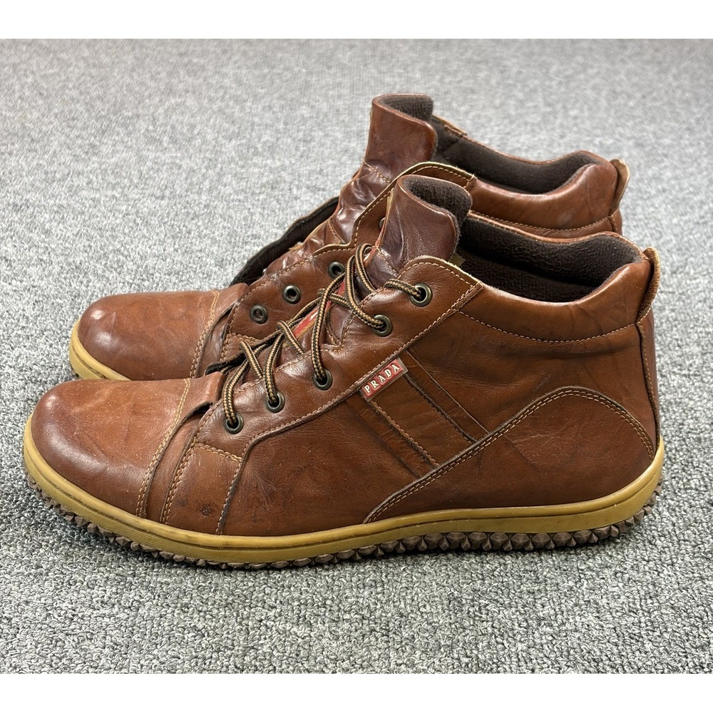 Prada Sport Men's Size 45 Brown Leather High Top Sneakers Shoes Vintage Italy